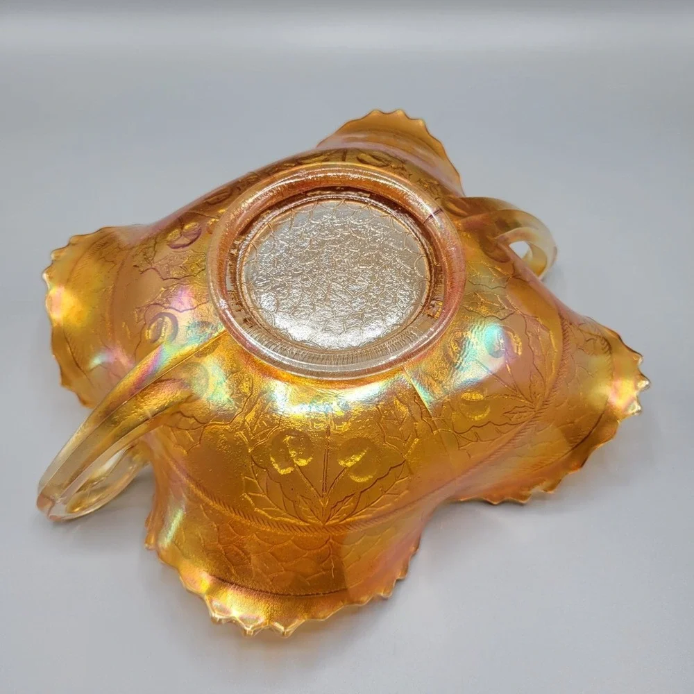 Vintage Fenton Marigold Carnival Iridescent Glass Handled Candy Dish Cherries